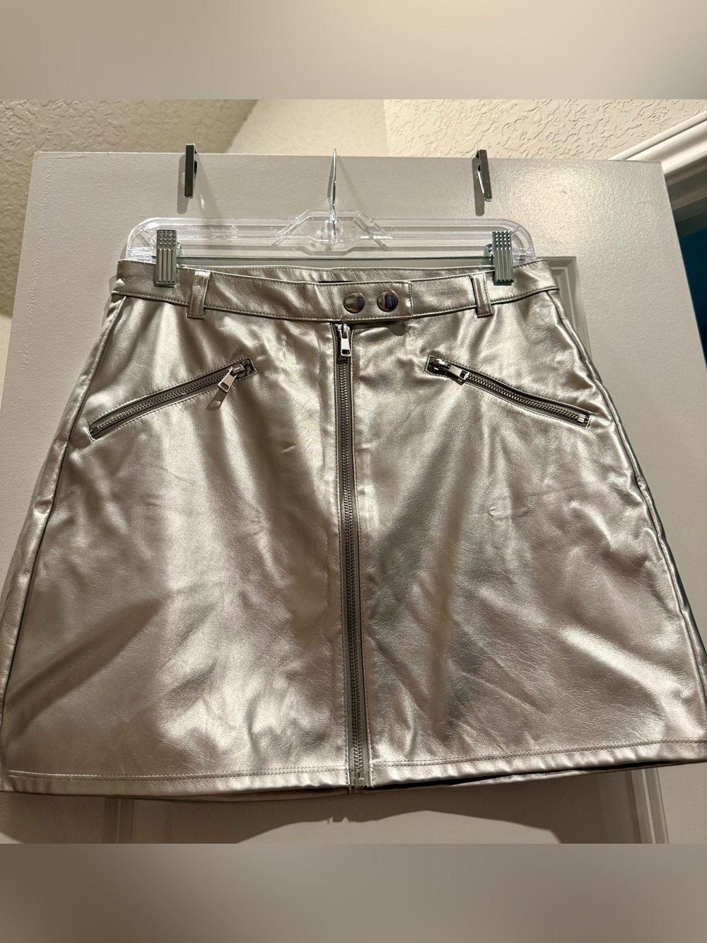 Metallic Silver Faux Leather Mini Skirt with Front Zip